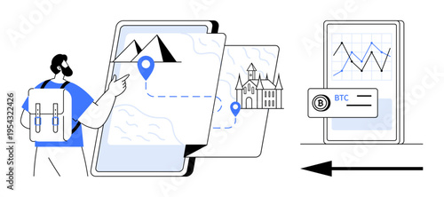 Digital navigation concept. Digital navigation combines the use of maps and cryptocurrency. Digital navigation improves travel planning, connectivity, and financial technology. For fintech, crypto