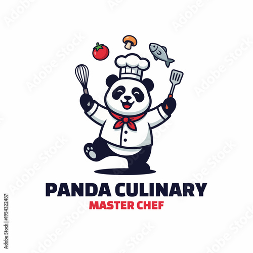 A whimsical panda chef is joyfully preparing food with cooking utensils, capturing the essence of culinary art, fun, and creativity, ideal for food-related branding.