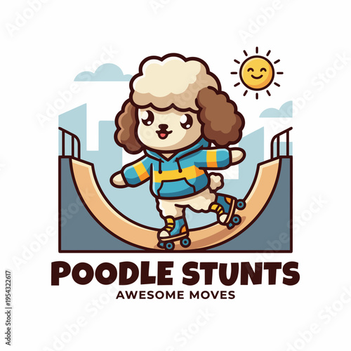 A cute cartoon poodle performed impressive stunts on a skateboard, showcasing agility and fun, set in a vibrant park with a sunny sky and ramps.