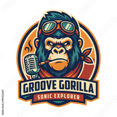 A stylish cartoon gorilla wearing sunglasses and holding a microphone, exuding an adventurous spirit and capturing the essence of music exploration.
