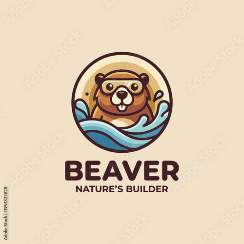 A charming cartoon beaver with goggles swimming in a lively stream, showcasing its natural building abilities and playful spirit in the wild.