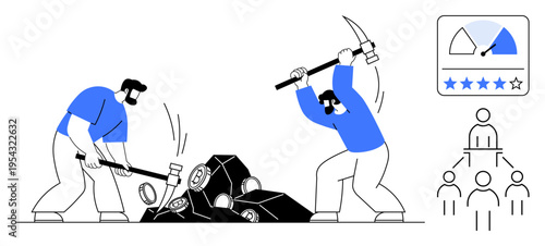 Teamwork concept. Teamwork highlighted by workers collaboratively mining data and improving productivity. Teamwork focuses on efficiency, collaboration, and achieving goals. Ideal for business