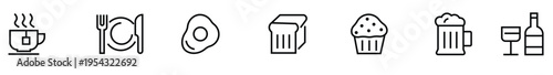 A set of eight black and white food and drink icons on a pure white background