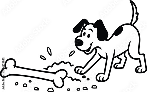 Cartoon dog happily playing with a bone, black and white