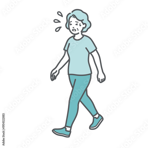 汗をかいて苦しそうにウォーキング（歩行）をするシニア女性のイラスト