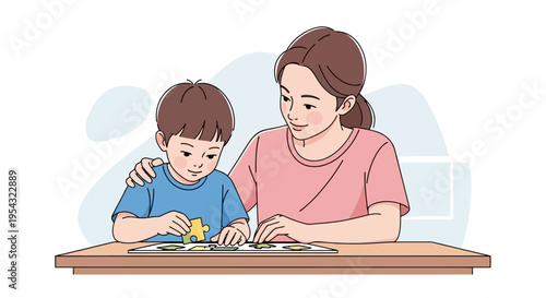 Mother and son completing a jigsaw puzzle together, fostering bonding and cognitive development