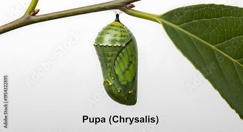 A green chrysalis hangs from a branch with leaves on a white background