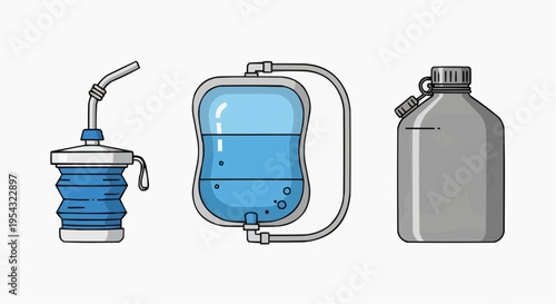 Three types of water storage container, including a collapsible water bottle with a straw, a flexible water bladder and a water bottle with a screw top