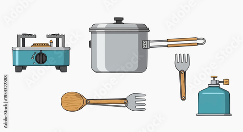 Camping gear set arrangement, perfect for any outdoor adventure! Includes a pot, fork, spoon, and a gas stove