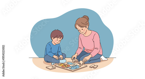 A caring mother and her young son are playing a puzzle together, fostering learning and bonding