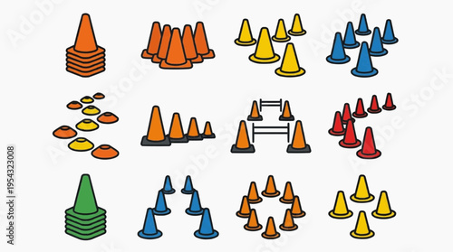 A collection of various training cones arranged in different patterns and orientations