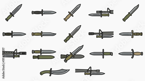A collection of various military knives in an illustrative style. The knives are arranged in a grid pattern.