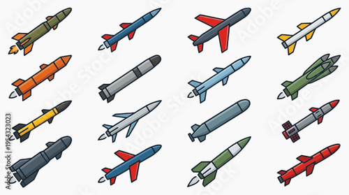 A collection of colorful and varied missiles, symbolizing military technology and warfare