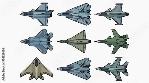 A collection of nine different military jet plane illustrations in a variety of designs and colors. A perfect visual for aviation enthusiasts and military history lovers