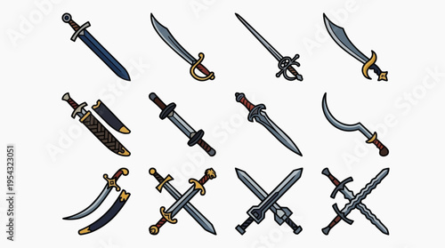 Collection of various swords, showcasing different designs and styles