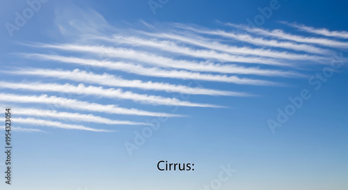 A clear blue sky with cirrus clouds and a label identifying the cloud type