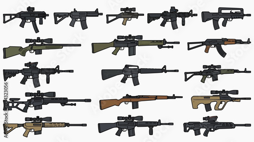Various firearms and weapon in a neat arranged presentation. Each weapon is captured in detail, showcasing their design features