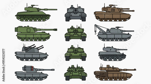 Diverse illustration of military tanks showcasing various designs and colors