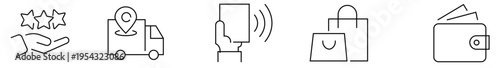 A set of five line icons depicting various shopping and delivery concepts on a white background