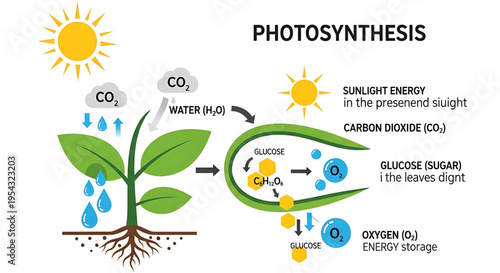 A detailed vector graphic illustration of the photosynthesis process in a plant