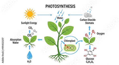 A detailed vector graphic illustration of the photosynthesis process in a plant