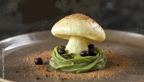 White Chocolate Mushroom Dessert with Matcha Cream and Berries on Gourmet Plate