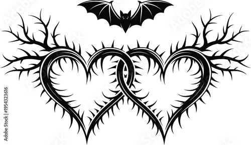 Intertwined Thorny Hearts with a Bat Silhouette Above