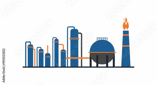 Industrial factory with smokestack and pipes.
