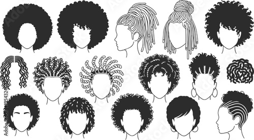 Afro hairstyles collection featuring diverse curly braids dreadlocks and natural hair silhouettes in black line vector set for beauty fashion design projects