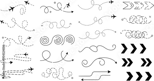 Airplane flight path arrows and dashed travel route lines set with swirl curves direction indicators aviation navigation vector illustration