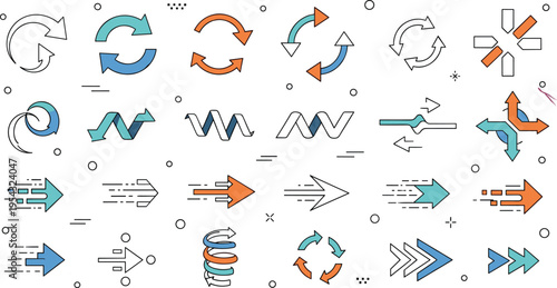 Arrows and motion icons collection featuring direction navigation speed flow loops and dynamic shapes in modern flat vector illustration set