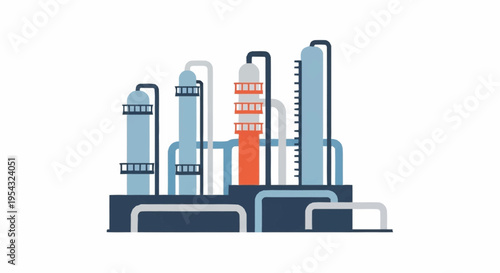 Industrial factory with smokestacks and pipes.