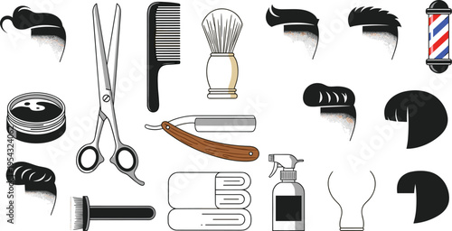 Barber tools and hairstyle icons set featuring scissors comb razor shaving brush clipper and men haircuts in vintage vector illustration collection