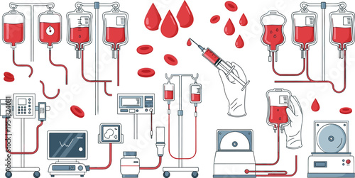 Blood transfusion medical vector illustration featuring IV bags red blood cells donation equipment and hospital devices in detailed healthcare diagram set