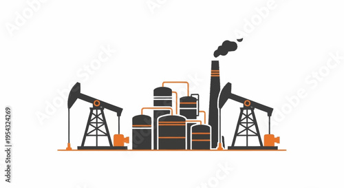 Industrial oil pumps and factory silhouette.