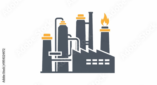 Industrial factory with smokestacks and pipes.