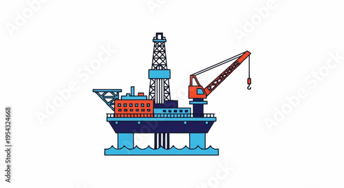 Offshore oil rig platform in cartoon style.
