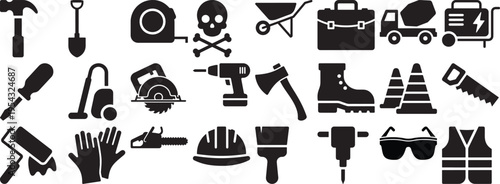 Construction tools and equipment on white background black