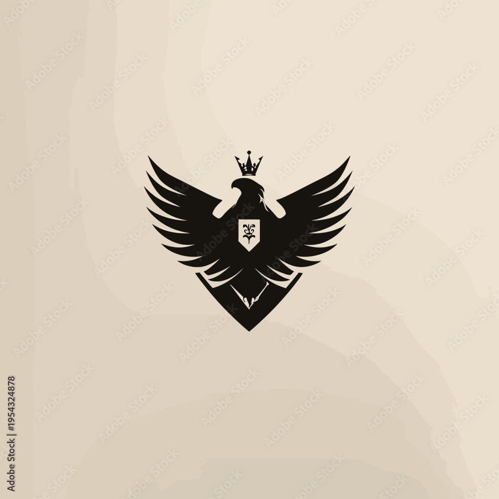 Fototapeta premium Elegant black eagle emblem with crown and shield on cream background