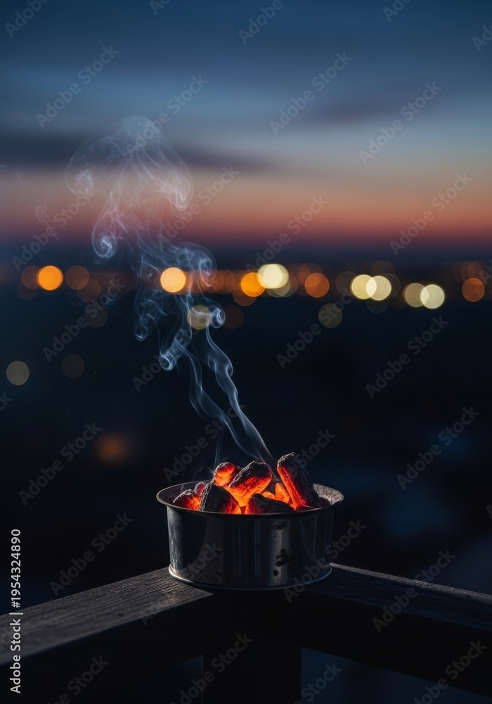 Naklejka premium A dimly lit balcony scene during the late hours with glowing embers and smoke rising into the cool night air overlooking distant city lights, outside, darkness, orange
