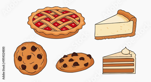 Variety of baked goods like pie, cheesecake, cookie, and cake