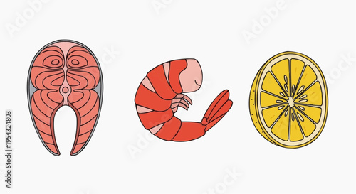 A culinary collection of salmon steak, shrimp, and lemon slice, elegantly presented