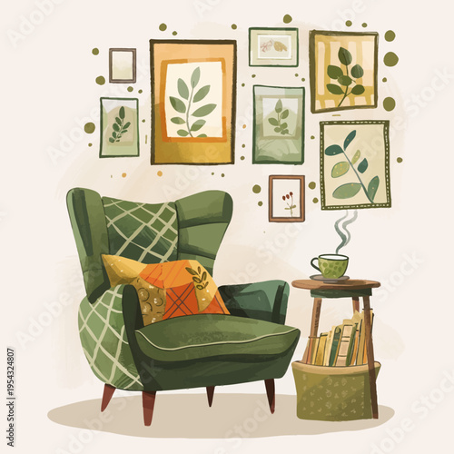 Cozy interior scene with green armchair and botanical wall art