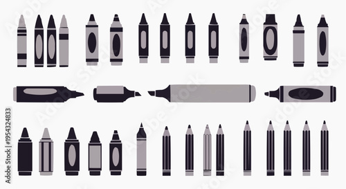 Artistic supplies including crayons, markers, and pencils, creating a diverse set of creative tools. This collection, suitable for artists of all levels