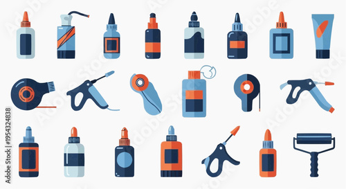 Assortment of glue bottles and various tools against a backdrop, depicting a range of crafting and repair tools. The tools are neatly arranged, showcasing different shapes, sizes, and colors.