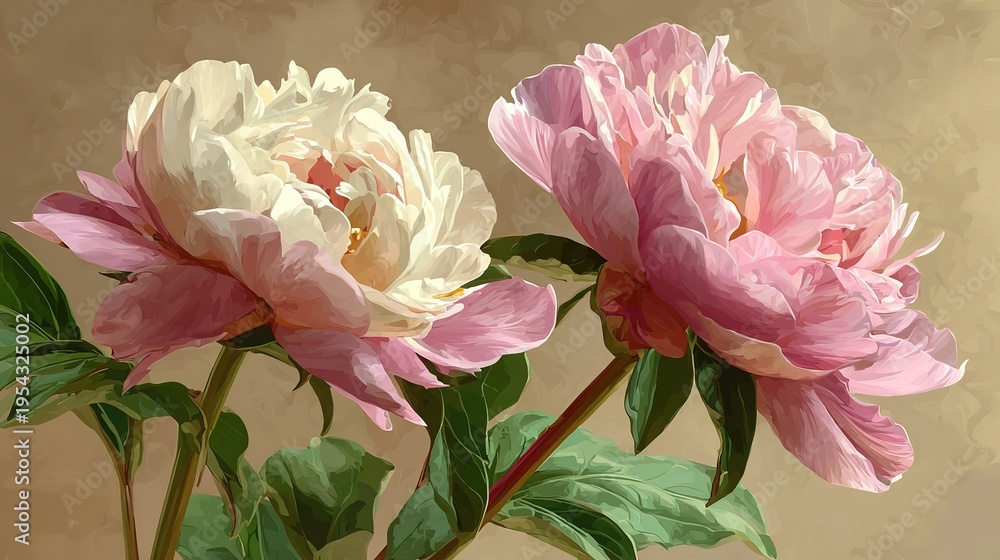 Fototapeta premium Pink and white peonies oil painting style green leaves light brown background warm digital two large flowers