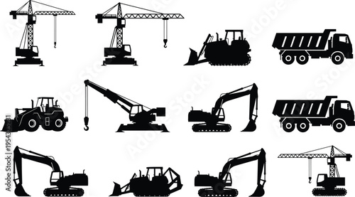 Black Silhouette Vector Illustration Set of Construction Heavy Machinery Including Excavators Tower Cranes Dump Trucks Bulldozers and Mobile Cranes for Industrial Building Site Projects