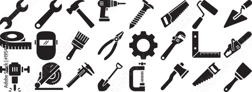 Black and white of various hand tools and equipment