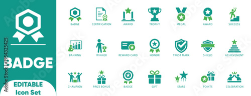 Badge icon set. achievement, authority, award, certification, excellence, guarantee, honour, leadership, membership, rank, status, success, and icons.