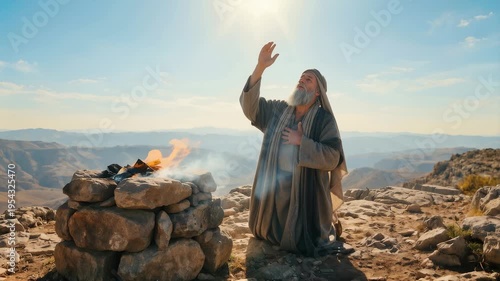 Elderly bearded man in grey robes kneeling in prayer beside a stone altar fire on a sun-drenched hilltop with a vast mountain valley landscape stretching to the horizon